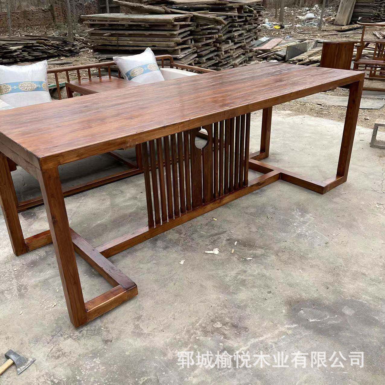 新中式老榆木茶桌组合禅意干泡茶台茶室家具简约复古茶桌书桌画案
