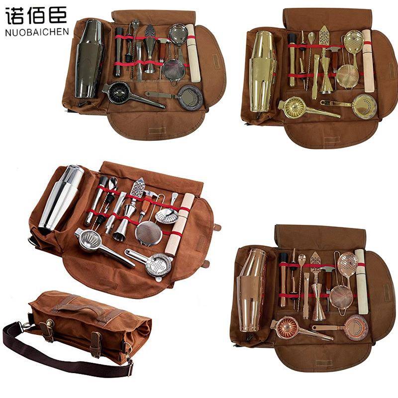 亚马逊不锈钢酒具工具包收纳工具袋酒吧调酒师便携袋帆布套装组合