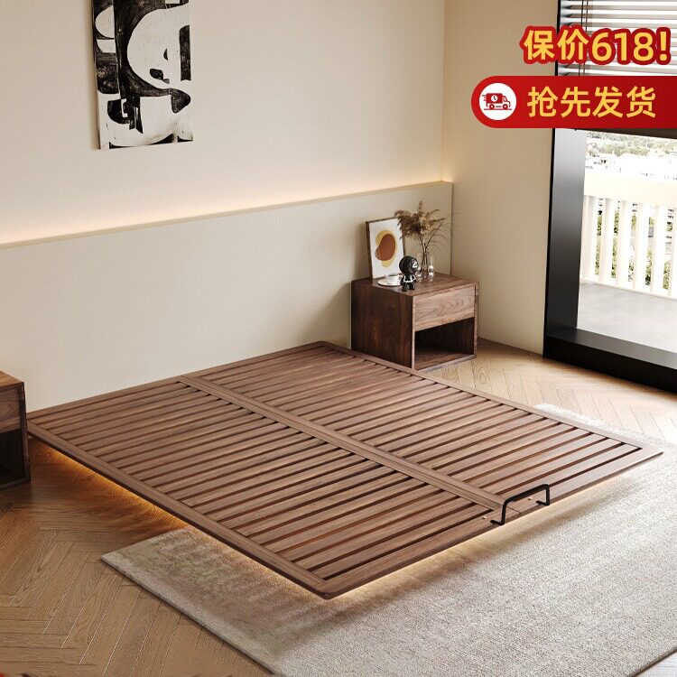 胡桃木实木床中式无床头悬浮床纯实木床榫卯结构全实木排骨架床架图片