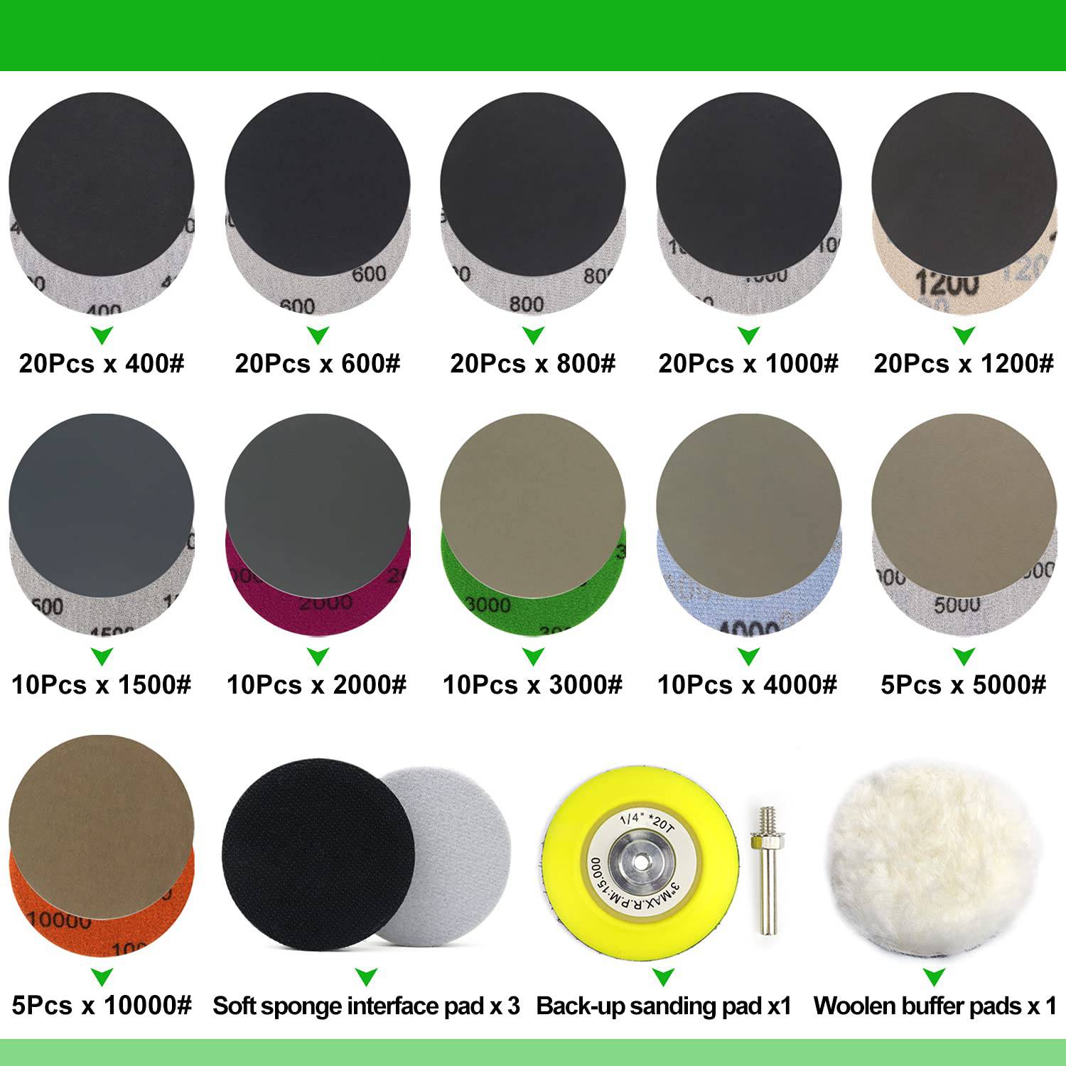3寸水砂纸150件套圆盘背绒砂纸汽车木工打磨抛光干湿两用水磨砂纸