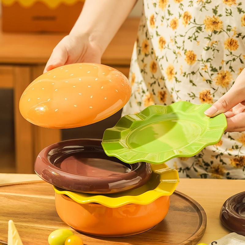 汉堡包造型好看的盘子碗套装陶瓷创意餐具可爱菜盘甜品碟釉下彩碗