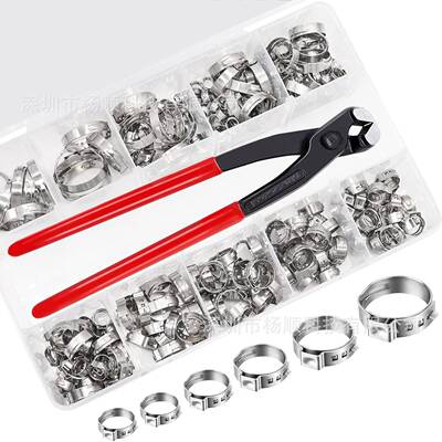 跨境251pcs盒装04不锈钢单耳无极卡箍5.-.1mm组合装配卡箍钳
