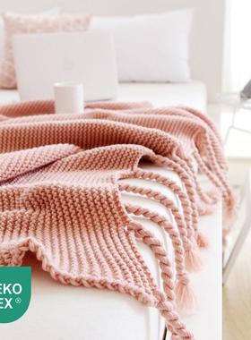 沙发午睡毛毯带流苏针织毯白色粉色针织盖毯休闲毯拍照道具