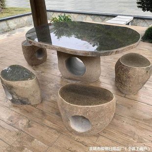 鹅卵石石桌石凳庭院花园户外园林户外休闲圆桌石桌茶台石桌厂