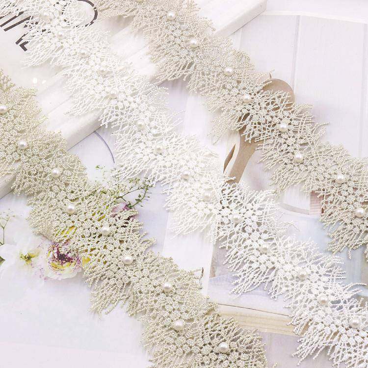 窗帘立边抱枕沙发装饰织带绣花料拼接水溶花朵白色蕾丝钉珠花边