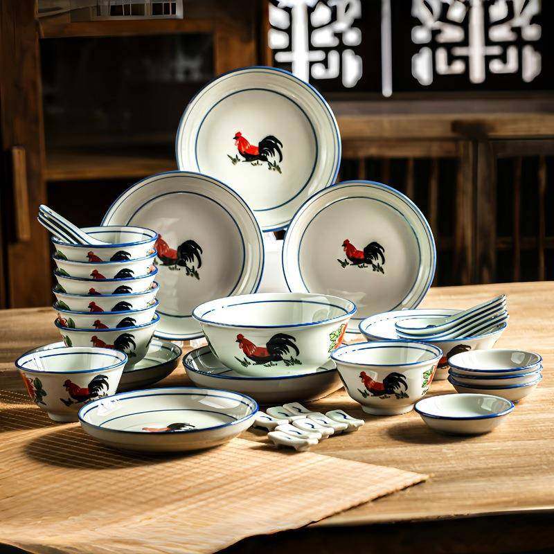 餐具碗盘家用套装鸡公碗陶瓷青瓷饭碗碗碟盘子一套碟子菜盘老式碗,餐饮具,餐具瓷器套装,淘宝优惠券,粉丝福利购,淘宝优惠卷