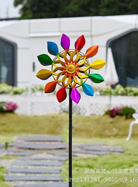 跨境新款户外花园太阳能风车装饰庭院别墅布置旋转铁艺风车地插