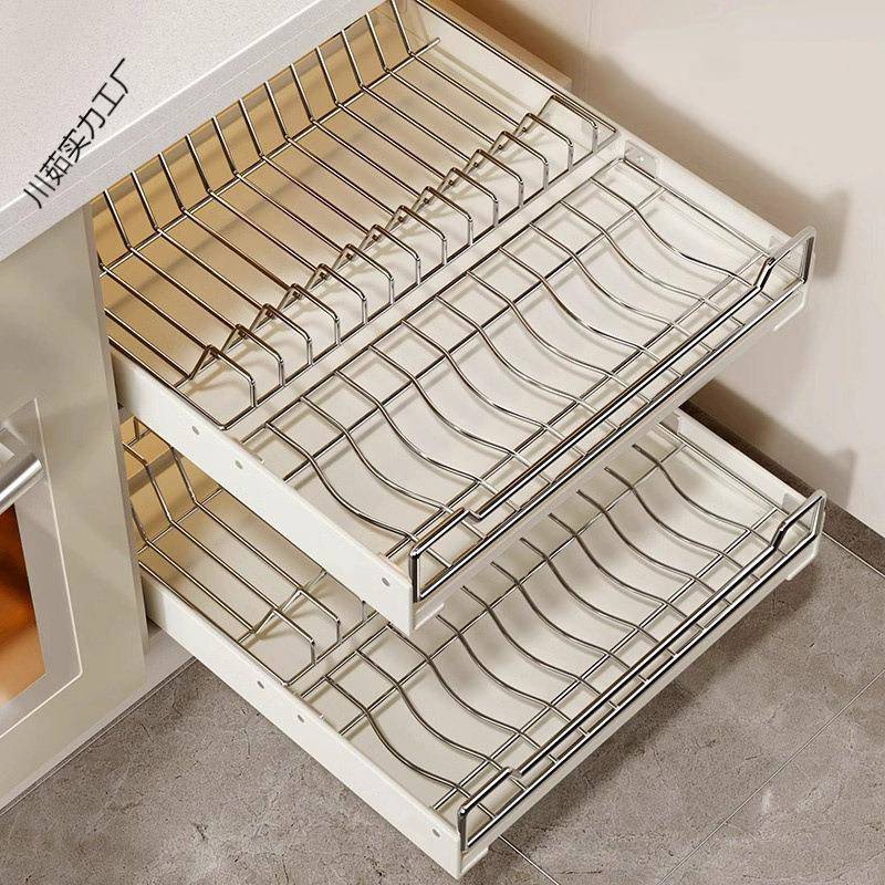 不锈钢抽屉式拉篮碗碟收纳架厨房橱柜内抽拉式沥水碗架盘子置物架