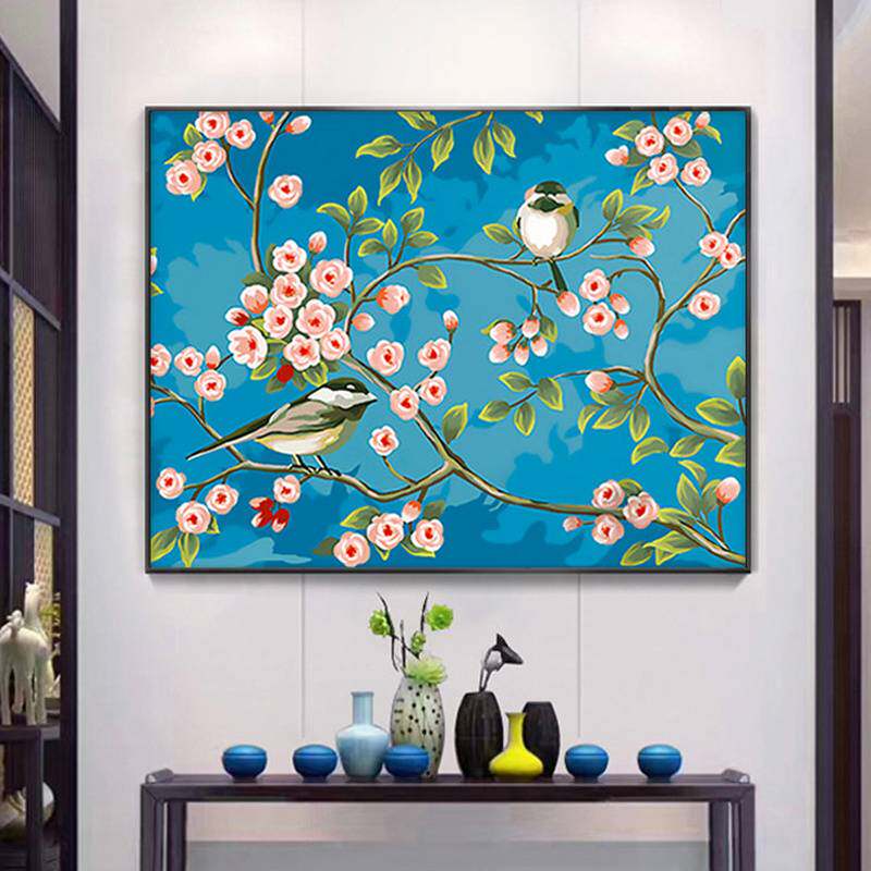 喜上眉梢装饰画十字绣新款客厅线绣简约现代风景花卉手工自己刺绣