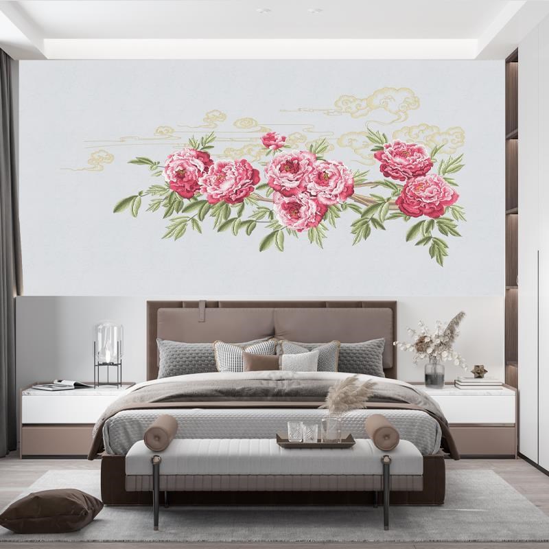 网红中式牡丹花j刺绣墙布电视背景墙壁纸客厅卧室床头无缝壁画壁