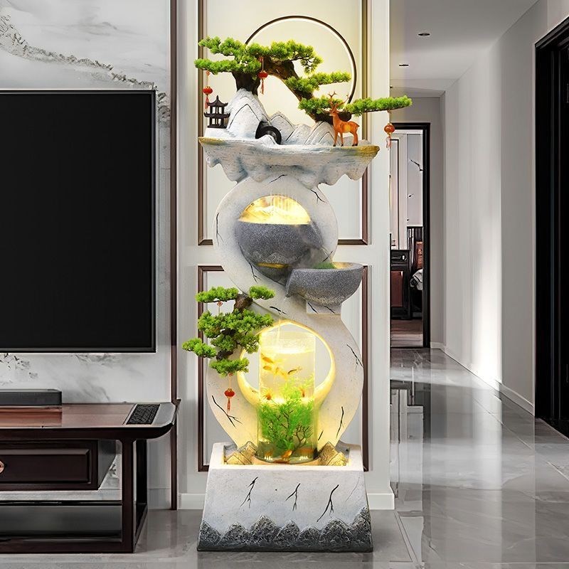 新款现代轻奢庭院水景客厅玄关电视柜F旁立式落地景观摆件造景鱼