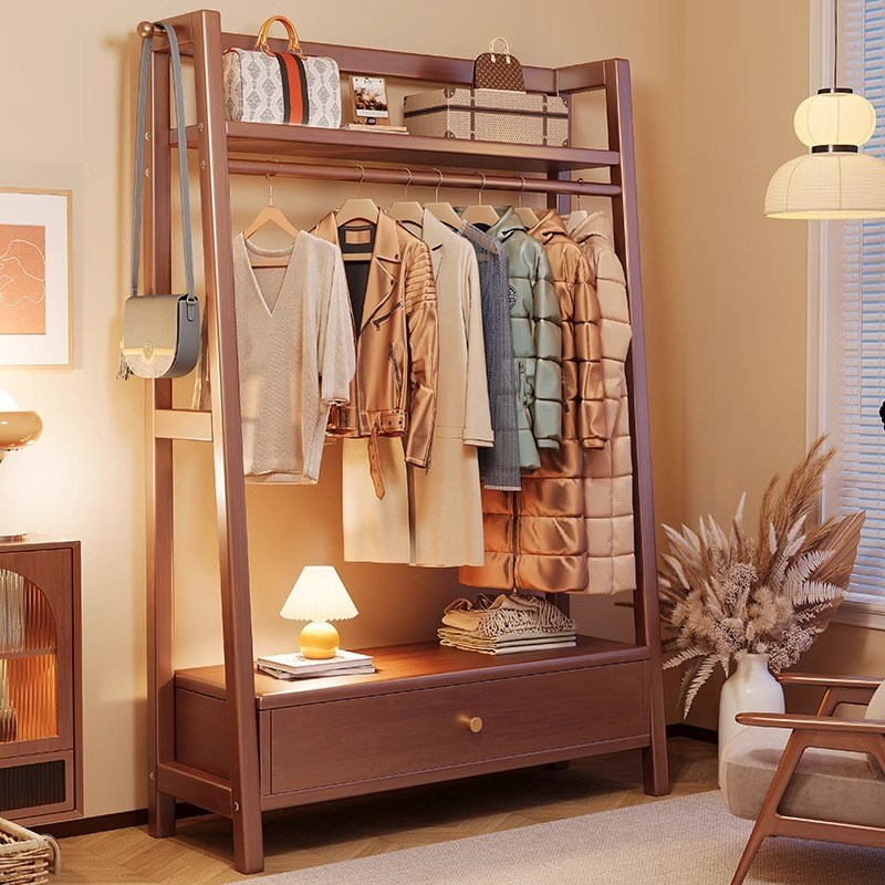 实木挂衣架落地家用卧室挂钩y衣帽架储物收纳置物架一体带抽屉房