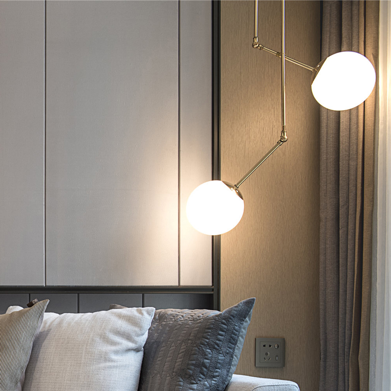 北欧后现代简约现代客厅卧室书房C奶白玻璃圆球灯床头转动双头吊