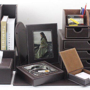 丽然 皮革办公十件套 商务文具 桌面收纳盒 文件栏抽屉柜笔筒创意