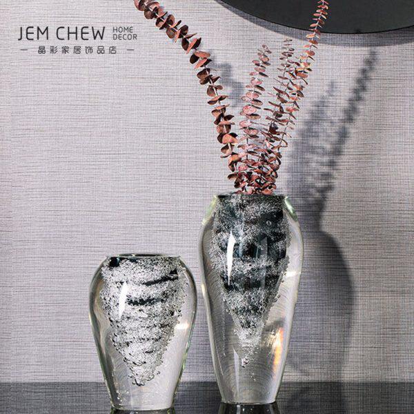 现代轻奢灰厚实水晶玻璃花瓶摆件样板房酒店别墅展厅玄关软装饰品