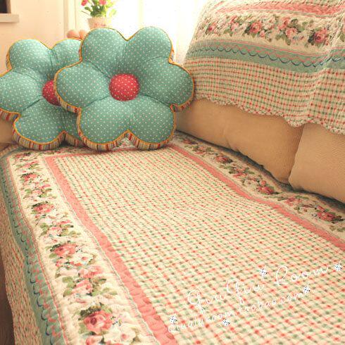 韩式田园小清新花田错格子蔷薇绗缝布艺沙发垫 坐垫 飘窗垫 地垫