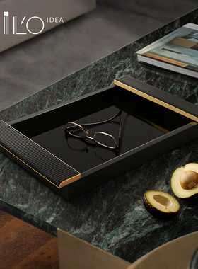 现代轻奢a皮革玻璃托盘客厅茶几办公室样板房杯具收纳装饰品摆件Q
