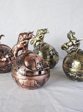 十二生肖复古烟灰缸带盖防风防灰飞防烟味防摔家用办公室烟缸摆件