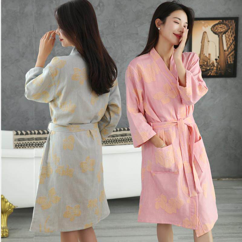 女款浴袍春夏秋薄款色织双层纱纯棉浴衣大码吸水速干睡袍情侣睡衣