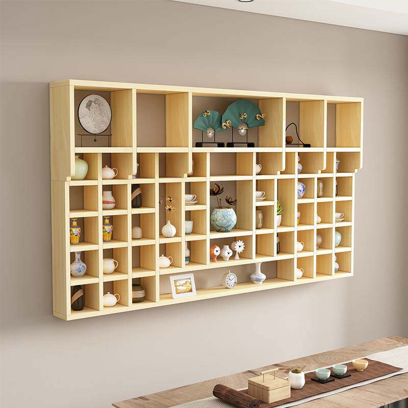 实木博古架壁挂墙上置物架展示架实木格子架茶壶展示架松木储物