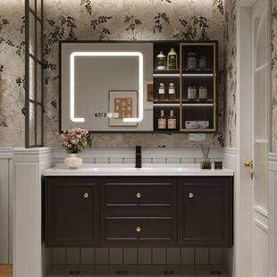 法式实木烤漆浴室柜组合陶瓷一体洗手洗漱台洗脸盆柜卫生间套装