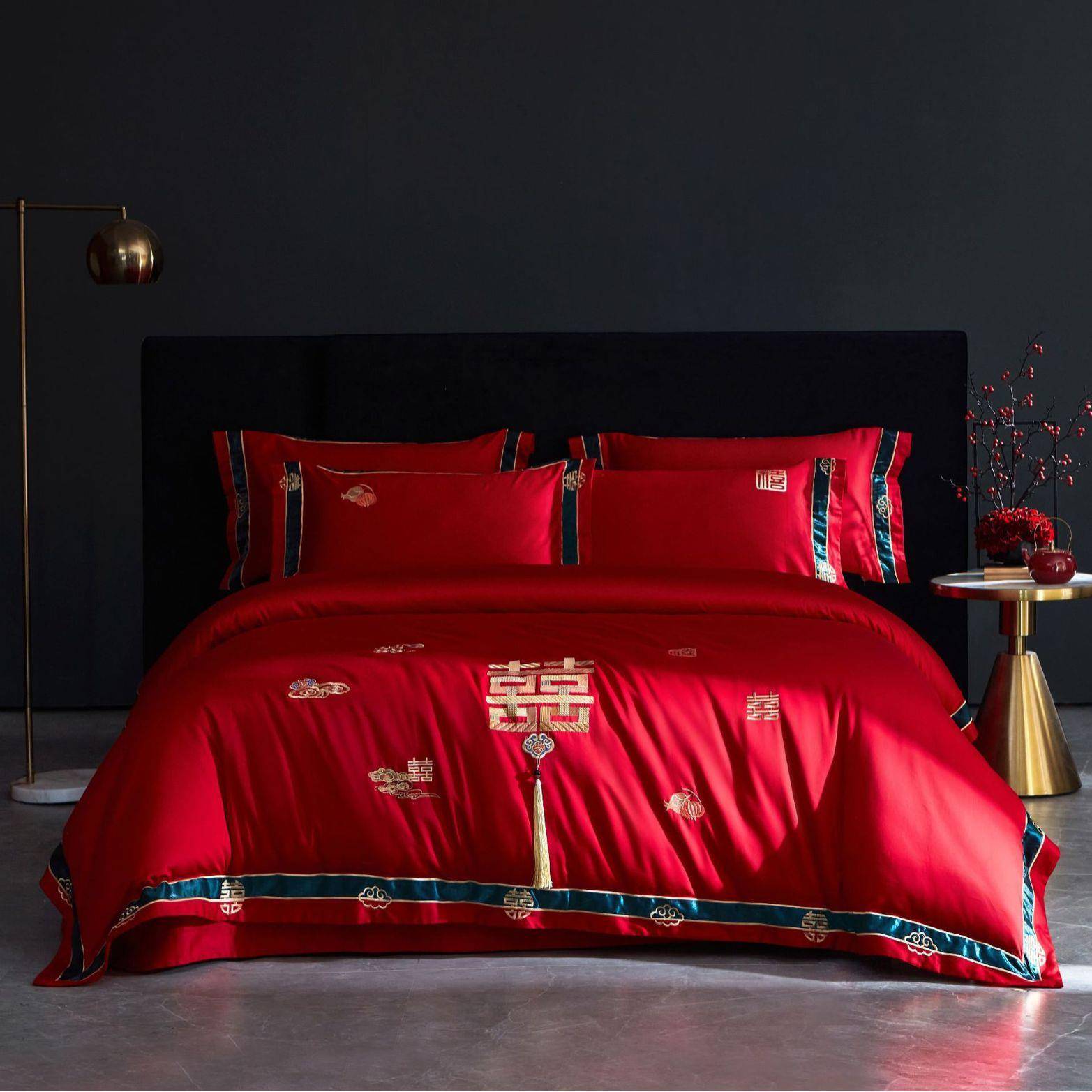 2025新款秋冬新中式全棉长绒棉100支婚庆床上用品陪嫁结婚四件套