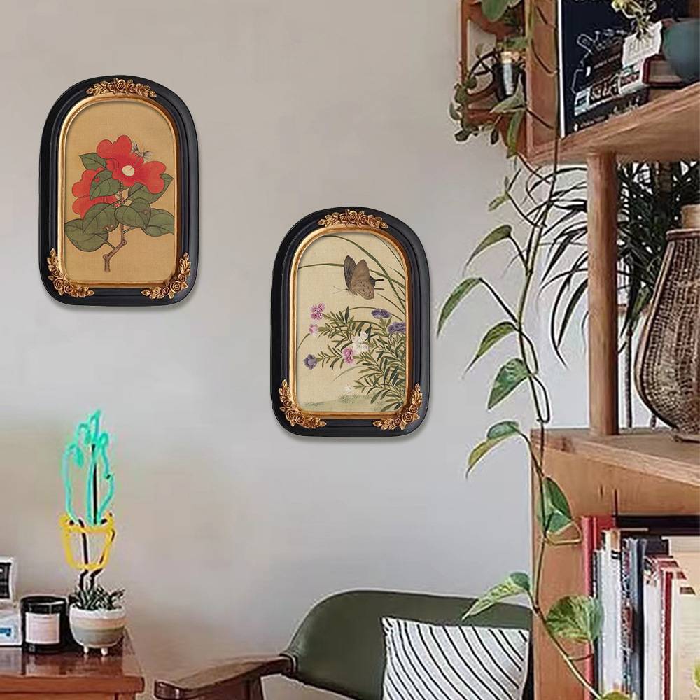 法式混搭中古小众古典复古怀旧装饰画法式植物花卉拱形框美式挂画图片