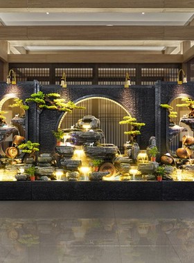 假山水幕墙隔断屏风玄关酒店餐厅户外庭院M花园流水墙客厅落地摆