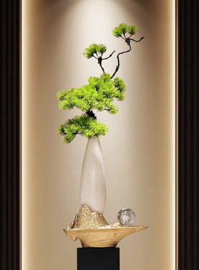 入户玄关新中式陶瓷细长高花瓶迎客C松摆件客厅插花轻奢高档装饰