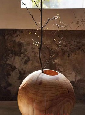 实木花瓶禅意花器民宿侘寂风碳化创意圆球L形落地摆件网红装饰木