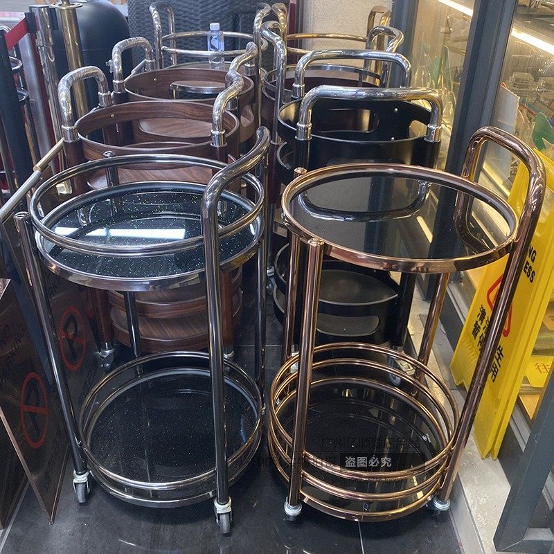 酒店小吃车推车圆形酒水车茶水车不锈钢实木三层移动餐车商用餐厅