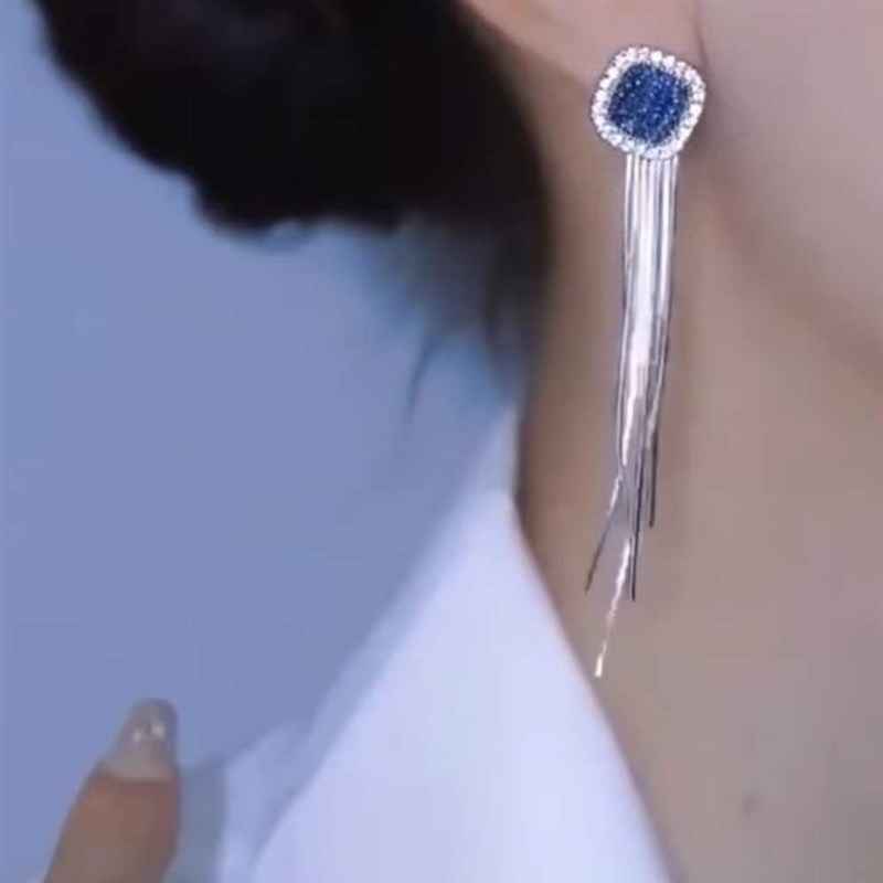 银针满钻方形耳钉气质长u款流苏耳饰个性百搭高级感女神耳坠新款