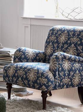 美式复古布艺虎椅卧田园老REM风单格蓝色碎花单人沙发客厅室实木