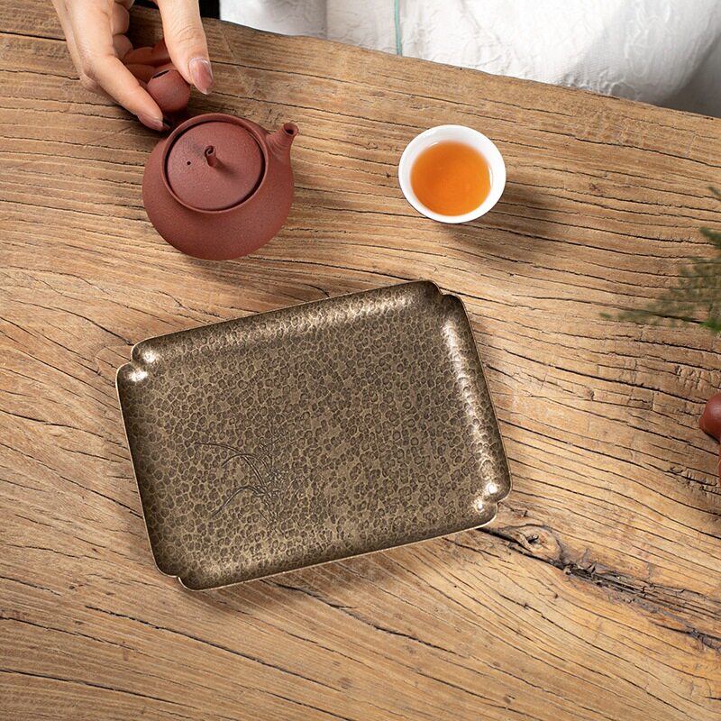 手工锤纹铜壶承干泡台复古风中式茶壶底座壶托养壶垫茶点心铜托盘