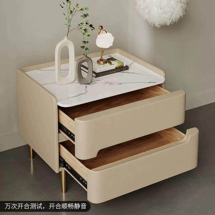 实木物床头柜轻奢岩板储柜卧室户床头柜床简约现代边柜皮质小型收