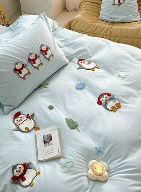 全棉套水洗棉毛巾绣小公WZ10196仔床上四件1纯.5m1.8公寓棉床单米