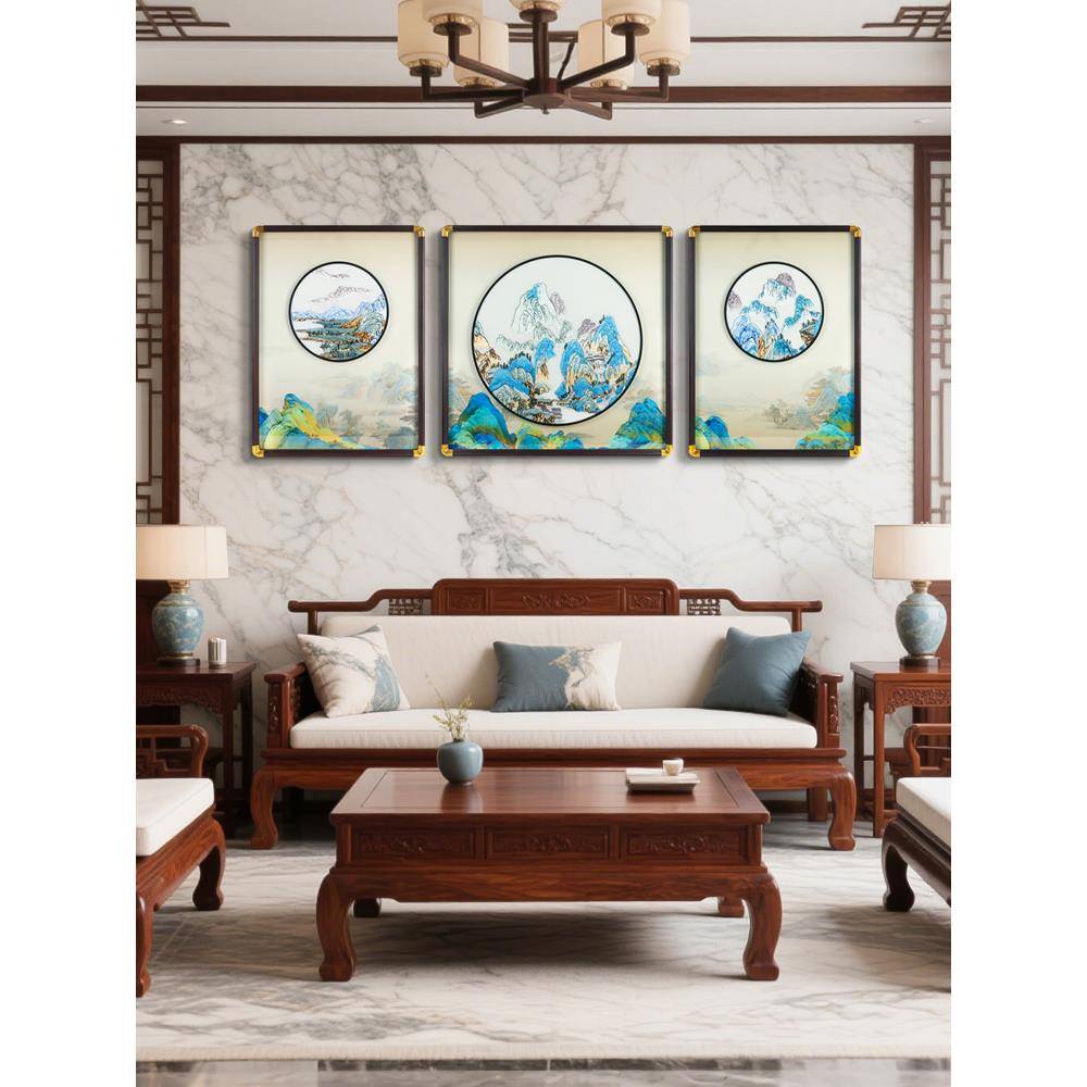 ?千苏里Fh(x}@v@江山刺绣山水三画客厅沙联发墙绣品立体装饰画感