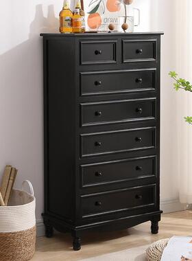 斗柜实IOU木美式简收纳小储物靠墙子卧室客厅约抽屉边柜置物柜柜黑色