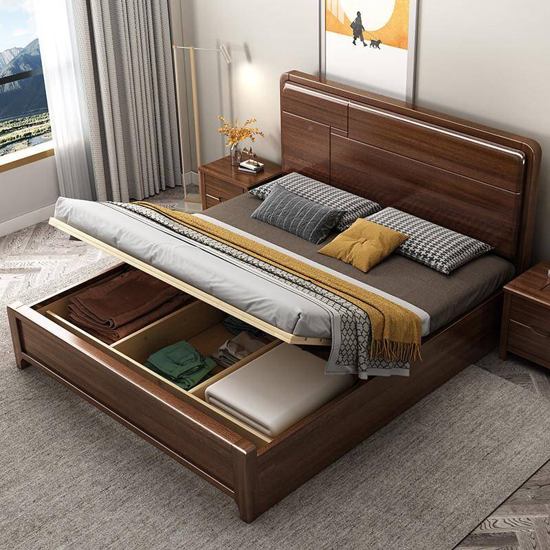 Yla代中式胡桃木床简x-212约实木床1物.5m1现双.8米单人床主卧高