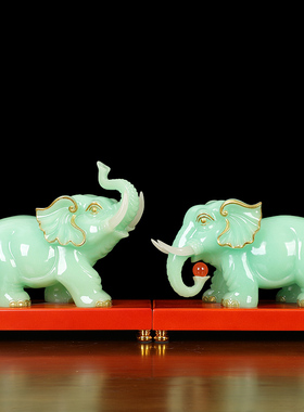 大象摆件一对仿玉象招财中式家居装饰客I厅办公室乔迁开业工艺礼