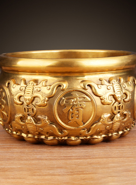 黄铜聚宝盆摆件五福香炉龙凤铜缸中式家居摆设P客厅桌面装饰工艺