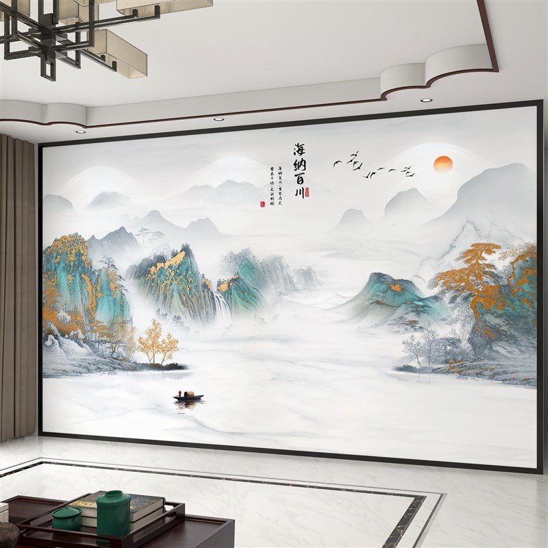 海纳百川电视背景墙壁布新中式x山水壁画3d立体壁纸8D客厅影视墙