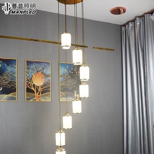 复式楼梯中吊灯新式全楼长梯间铜灯ARQ具美式别墅中空旋转楼梯灯