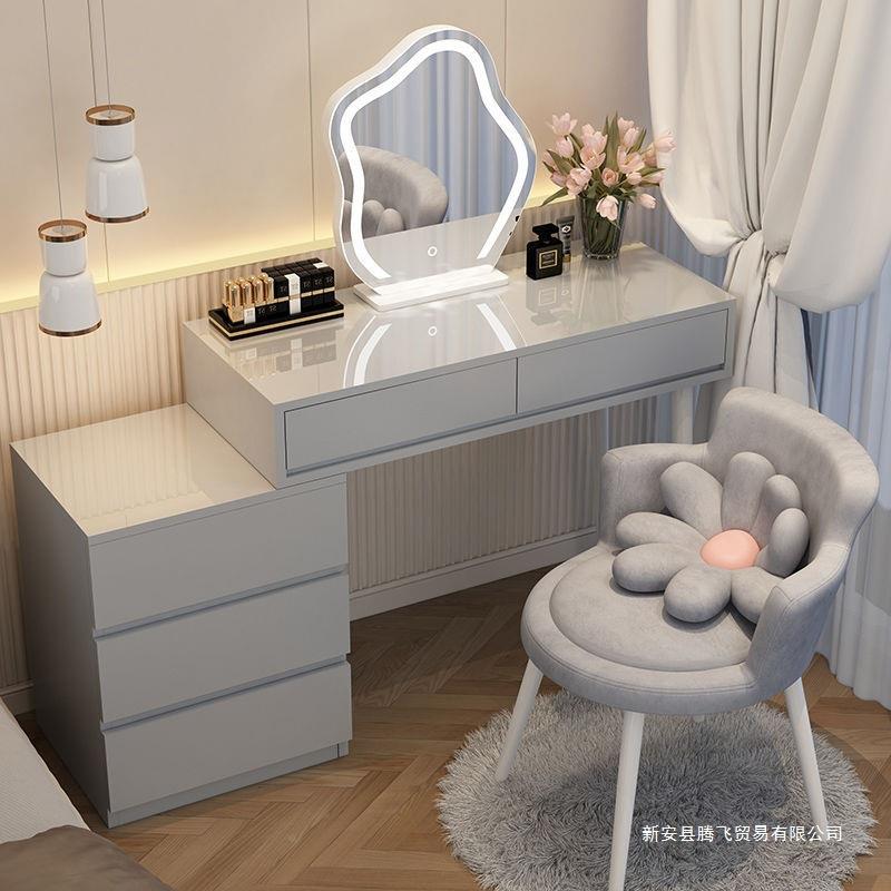 化妆床桌缩风柜一体化妆伸台收纳梳妆台奶896油现代简约头柜书桌
