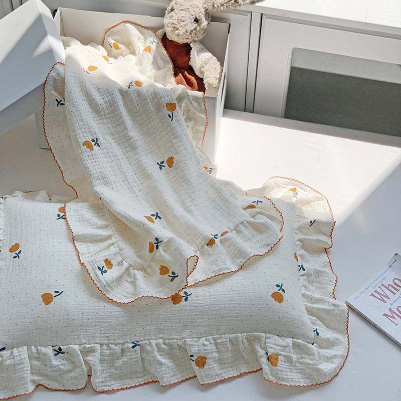 四季款儿童A类新款全棉纱布印花枕套亲肤学婴童纯棉花边枕头套