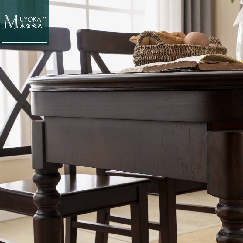 9U美式实木餐桌圆形折叠伸缩组合餐桌跳台圆桌餐厅桌椅组合黑胡桃