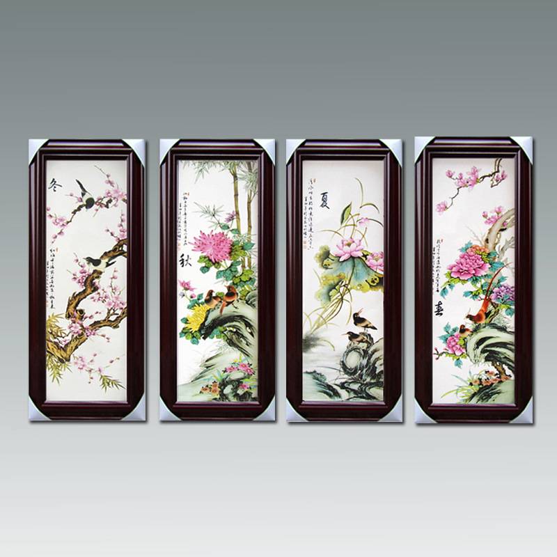 景德镇粉彩瓷陶瓷工艺品四件套瓷板画 春夏秋冬酒店茶楼墙壁挂饰