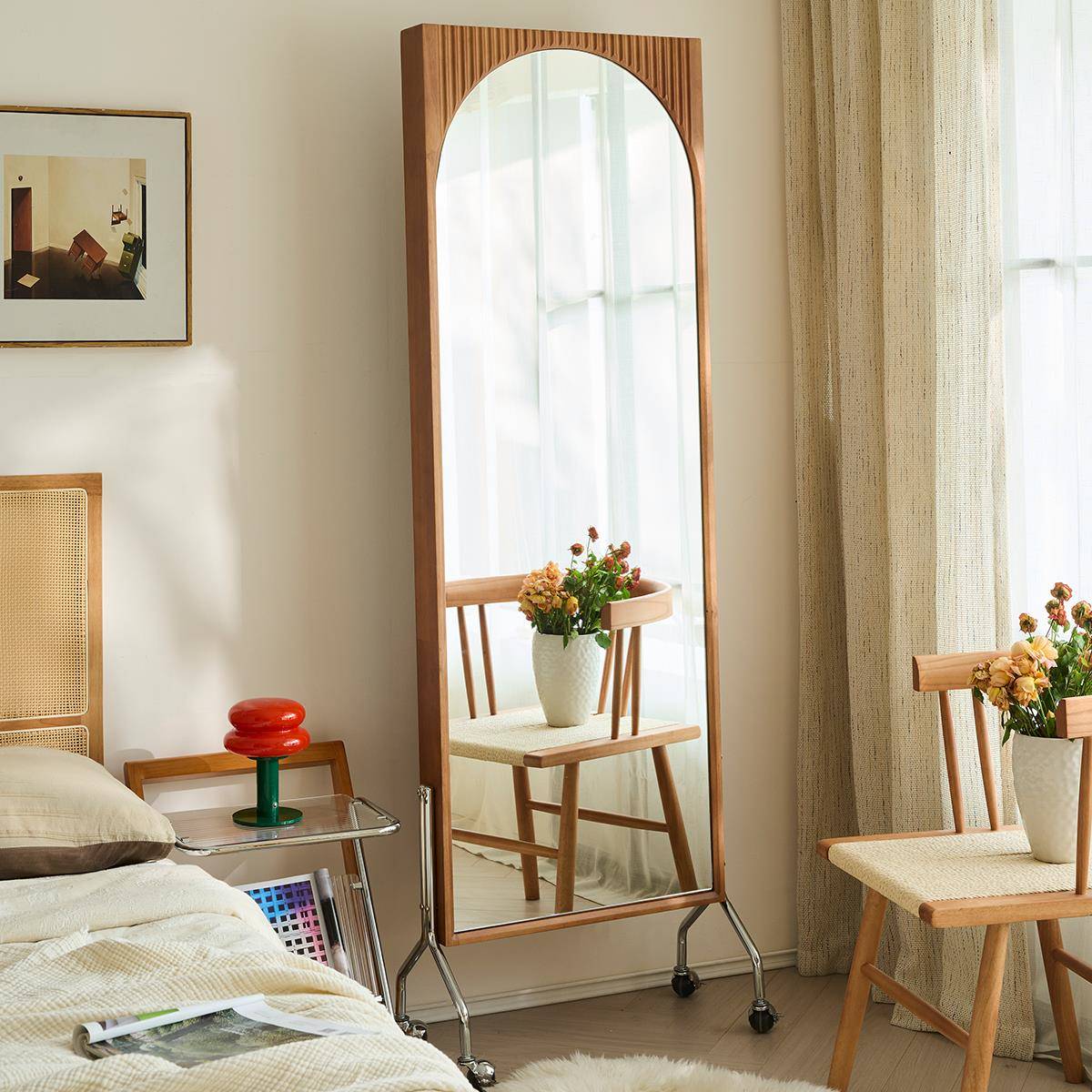 衣?中复古全身镜地子志书架一体穿GSR帽间落可杂移动旋转法式实木