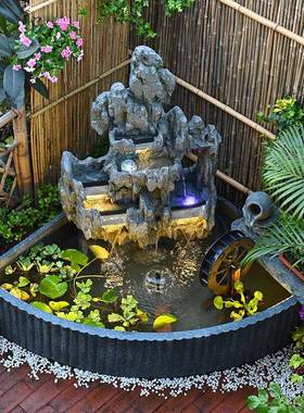 户外假山流水喷泉落地件田造园景观庭摆院别墅循阳台装FFE饰养鱼