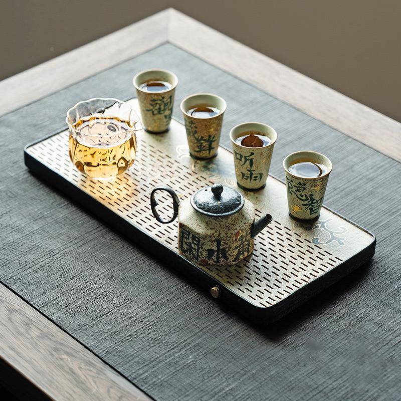 花火石红长泡方茶盘茶纯手绘牡丹花整青块陶瓷茶盘排TD-1161储两